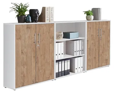 Produktbild von Aktenschrank TABOR 9 in weiß / Gold Harbor Oak, Schrankwand, Büroschrank, abschließbar, Metallgriffe