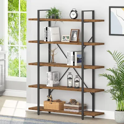 Produktbild von Bücherregal Standregal 5 Ebenen Holz Metall Vintagebraun Schwarz 32 x 119 x 178 cm