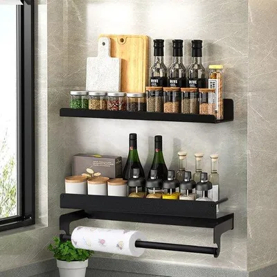 Produktbild von Famanu Kräuterregal ohne Bohren - Set von 2 - Hängendes Wandregal für Gewürze und Bad - 40 cm - Edelstahl schwarz