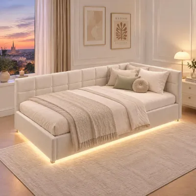 Produktbild von INONEFT Polsterbett Schlafsofa 90×200 cm mit LED und USB, Jugendbett mit Hydraulique Bettkasten, Einzelbetten, Pluschstoff, Ohne Matratze, Beige