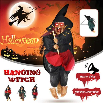 Zdjęcie produktu dla Halloween Wiszące lalki czarownic Sterowanie głosem Animowany duch Straszna jeżdżąca miotła Wisząca ściana Impreza Dekoracja domu na zewnątrz Zabawka