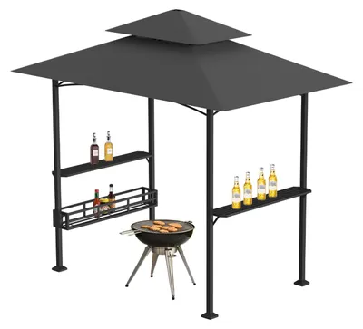 Produktbild von Vigevee Grillpavillon mit Doppeldach 238x148x250 cm Schwarz, BBQ Pavillon mit Seitenregalen, Metallkorb, Haken & Flaschenöffner