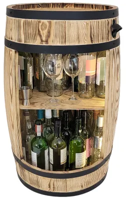 Immagine prodotto di Mobile bar in legno a forma di botte con illuminazione LED – armadietto decorativo per alcolici.