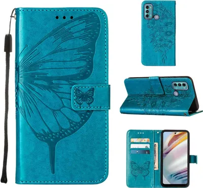 Produktbild von Moto G40 Hülle, Schmetterling Prägung Flip Leder Kartenfächer Schutzhülle Ledertasche mit Ständer für Motorola Moto G40 / G60 Blau