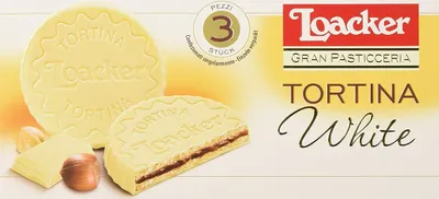 Produktbild von 6x Loacker Tortina White 3pz Weißer Schokoladengenuss gefüllt mit Haselnusscreme Kuchen 63g