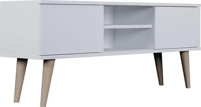 Produktbild von TV-Lowboard Fernsehtisch 120 cm in Weiß – Soft-Close Türen, Stauraum & Kabeldurchlass – Skandinavisch Holzfüße, Holzbeine – Für Fernseher bis 50 Zoll – Micky