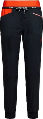 Schwarze Kletterhose für Damen mit orangefarbenen Akzenten und elastischem Bund von La Sportiva.