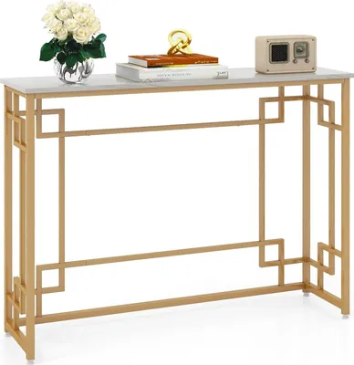 Produktbild von Konsolentisch mit Marmoroptik-Tischplatte, 110 cm moderner Flurtisch mit goldenem Metallgestell, Sofatisch mit verstellbaren Fußpads, für Wohnzimmer, Flur, Eingangsbereich
