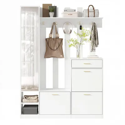 Produktbild von Garderobenset mit Spiegel 3 Schuhkippern und 1 Schublade & Vielen Haken Kompaktgarderobe für Diele & Flur 133x23,5x180 cm Weiß
