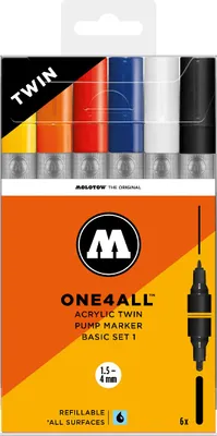 Produktbild von Molotow Acrylmarker ONE4ALL ACRYLIC TWIN 6er Etui, Basic Set 1, sortiert