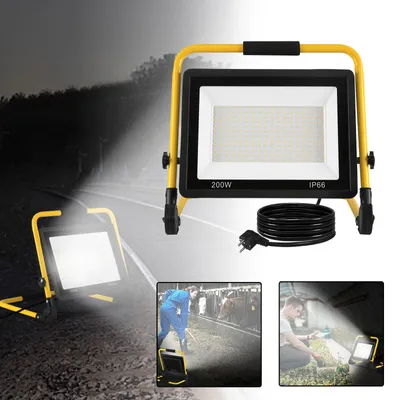 Imagen del producto de VA-Cerulean: Foco LED de 200W, luz blanca fría, con soporte, cable de 3 metros, IP66, ideal para obras, garajes y talleres