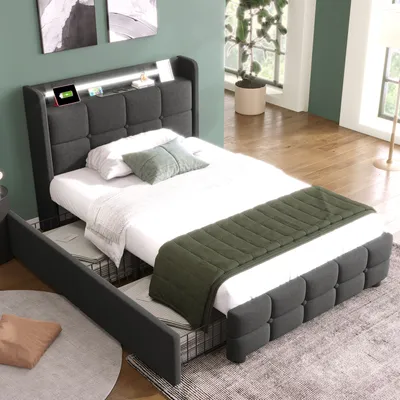 Produktbild von okwish Einzelpolsterbett 90x200 cm, LED-Beleuchtung, 2 Schubladen, USB-Ladekopfteil mit Stauraum, Holzlattenrost, grau (ohne Matratze)