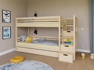Produktbild von Etagenbett TULY mit Treppen und Stauraum 90x200 cm – Weiß – Links – Gästebett 90x190 cm