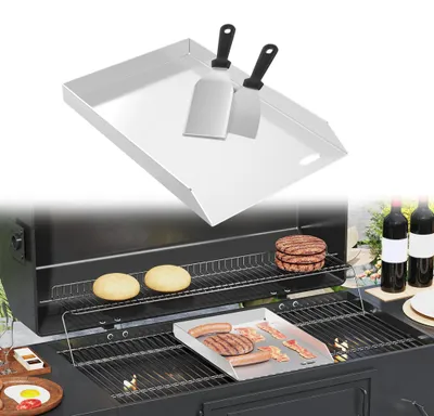 Produktbild von UISEBRT Edelstahl Grillplatte & Backblech, Plancha Ofenblech 30×45×4cm, 4mm Dicke, mit Fettablauföffnung inkl. 2 Grill-Schaufeln, spülmaschinengeeignet