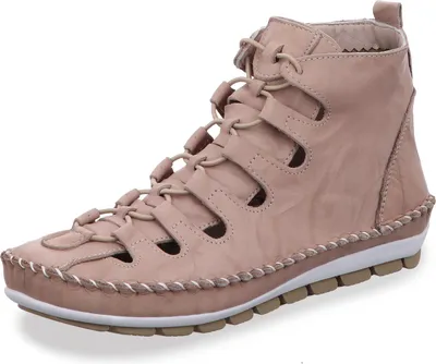 A single pink leather bootie with a lace-up front and cut-out details, shown against a white background.