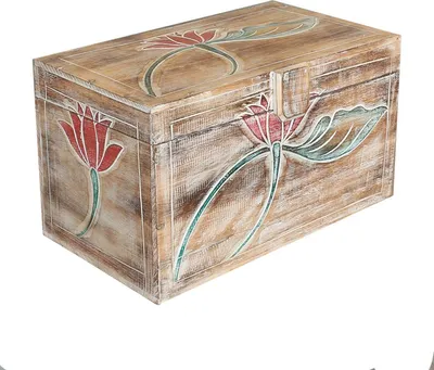Produktbild von Truhe Holzkiste Holztruhe Schatztruhe Kiste Box Palmenholz Holzbox Blumen Schnitzereien Shabby Used Look Modell Baris Mittel 50 cm