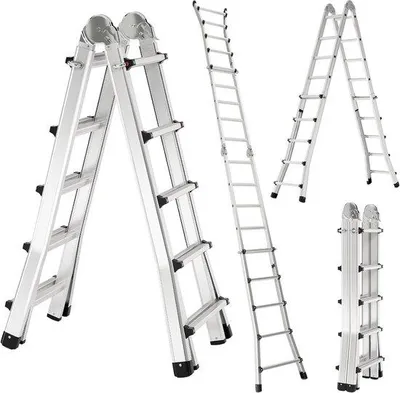 Image de Échelle télescopique en aluminium, idéale pour un usage privé et professionnel, avec une hauteur de travail maximale, et une capacité de charge maximale de 150 kg