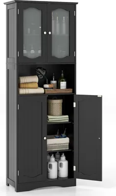 A black bathroom cabinet with glass doors on top and solid doors below, shown with one lower door open to reveal shelves with various items.