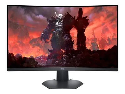 A curved computer monitor displaying a fantasy game scene.
