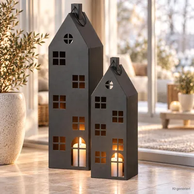 Produktbild von Laternen 2er Set aus Metall in Schwarz Dekorative Laternen mit Henkel Perfekt für Indoor Stilvolle Windlichter für Kerzen & LED