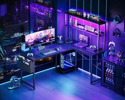 Imagen del producto de Escritorio Ibzoa® en forma de L con iluminación RGB LED, toma de corriente y puertos USB integrados, compartimento de almacenamiento/monitor ajustable en 2 niveles, reversible para gaming y para trabajar desde casa