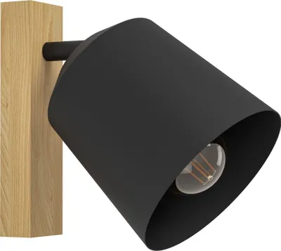 Produktbild von EGLO Wandleuchte innen Cotorro, Wandlampe mit beweglichem Spot, Wandstrahler aus Metall in Schwarz und Holz in Natur, Flur und Wohnzimmer Lampe, E27
