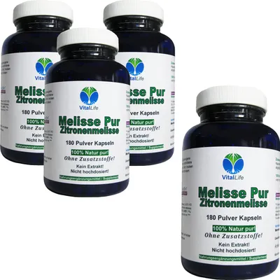 Produktbild von Melisse Pur Zitronenmelisse 720 (4x180) Pulver Kapseln NATUR PUR. NICHT hochdosiert KEIN Extrakt OHNE Zusatzstoffe OHNE Füllstoffe.