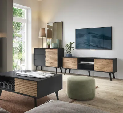 Produktbild von Wohnzimmer-set WILLOW 2 TV-Schrank 154 +Couchtisch + Kommode KSZ104 Eiche Artisan / Schwarz