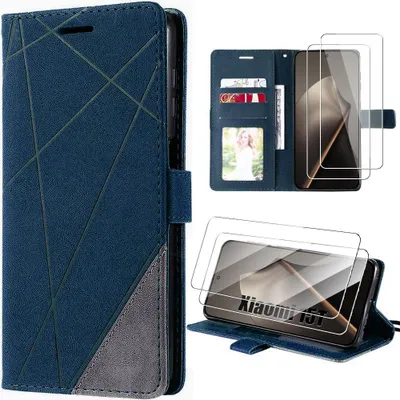 Image de Coque + 2 Verres Trempés pour Xiaomi 15T, Protection Anti-Rayures Effet Cuir Élégant - Bleu Marine