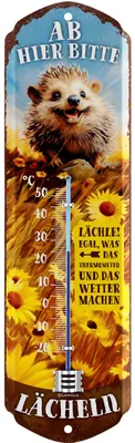 Produktbild von Thermometer Ab hier lächeln, Igel-Deko, Schild Garten außen, Deko Garten vintage Schilder, Gartendeko - Wanddeko Garten 8x28cm