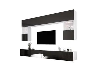 Produktbild von Wohnwand Weiß/Schwarz glänzend, Breite: 300 cm, Höhe: VERSTELLBAR cm, Tiefe: 42 cm