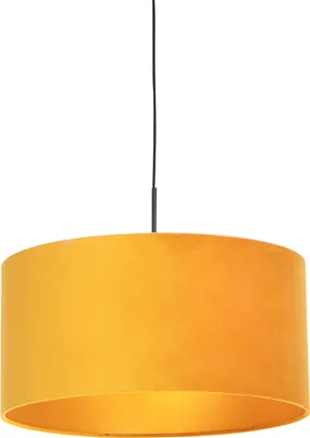 Produktbild von QAZQA - Landhaus I Vintage I Rustikal Hängelampe I Pendellampe I Pendelleuchte mit Veloursschirm gelb mit Gold I Messing 50 cm - Combi I Wohnzimmer I Schlafzimmer - Textil Zylinder I Länglich I Rund -