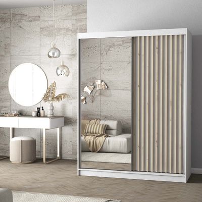 Schwebetürenschrank Kleiderschrank Schrank 150 cm Weiß/Weiß mit Spiegel und Lamellen  LAMI B