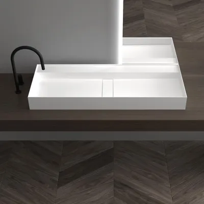 Produktbild von Mineralguss Wandwaschbecken TWG211 in Weiß Matt, Eckig - Wählbare Breiten (80/100/120 cm) - Zweifach-Armatur, Pflegeleicht