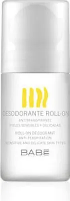 A white roll-on deodorant bottle with yellow wavy lines and text on a white background.