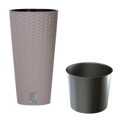 Produktbild von Blumenkübel dünne Design Rato freistehend Blumentopf 8 L Mocca Hellbraun Übertopf 38 cm hoch Rattan Optik Pflanzkübel aus Kunststoff mit Einsatz
