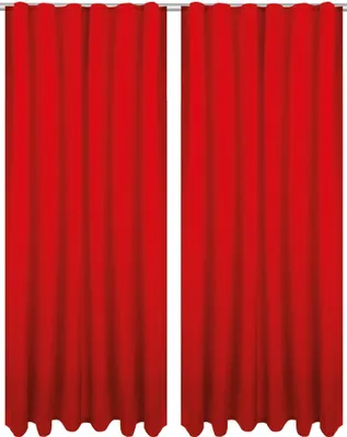Two red curtains hanging from a rod.