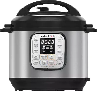 A front view of an Instant Pot Duo Mini multi-cooker on a white background.