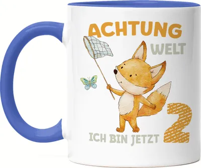Produktbild von Achtung Welt Ich Bin Jetzt Zwei Tasse Blau 2. Geburtstag 2 Jahre Fuchs Schmetterling Geburtstagskind Alles Gute