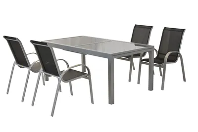 Produktbild von Merxx Gartenmöbel Set Amalfi schwarz 5tlg., 4 Stapelsessel, 1 Ausziehtisch 140 (200) x 90 cm - Aluminium/Textil