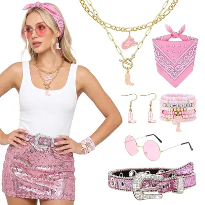 Imagen del producto de Conjunto de disfraz de vaquera occidental para mujer, de 6 piezas, color rosa, que incluye pulsera, collar, pendientes, pañuelo, cinturón y gafas
