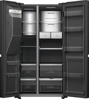 Produktbild von Hisense Hi9 Freistehend Side-by-Side-Kühlschrank, Schwarz, 614 l, Freistehend, Amerikanische Tür, Schwarz, Berührung, LCD, An Tür