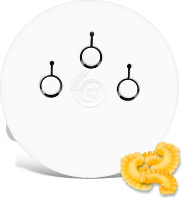 A white disc with three circular openings and a pasta-shaped object in the bottom right corner.