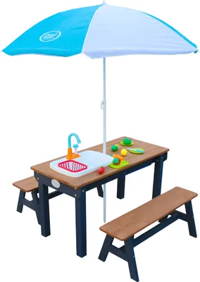 Produktbild von AXI Dennis Kinder Sand & Wasser Picknicktisch aus Holz | Wasserspieltisch & Sandtisch mit Bänken, Deckel, Behältern & Spüle | Kindertisch /