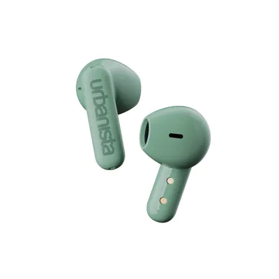 A pair of green wireless earbuds on a white background.