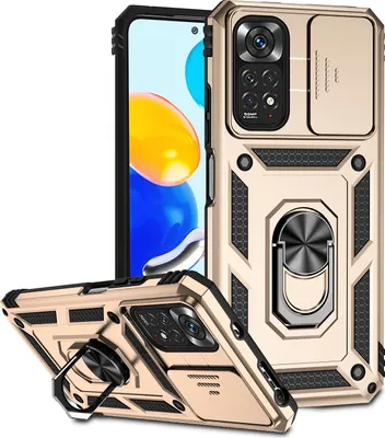 A gold-colored phone case with a sliding camera cover and a ring holder is displayed against a white background. Another view of the case is shown in the foreground, angled to showcase its features.