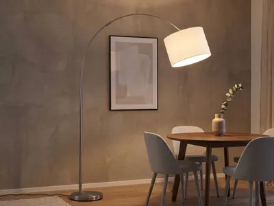 Produktbild von Bogenlampe höhenverstellbar mit Stoffschirm Weiß & E27 LED, max. Höhe 215cm