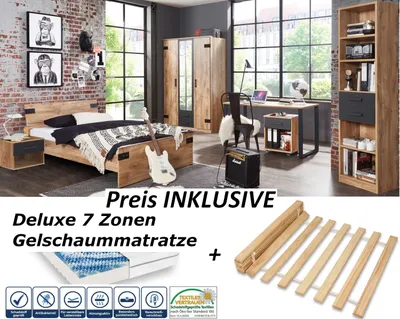 Produktbild von Jugendzimmer Liverpool 8 teilig in Plankeneiche und Graphit mit Deluxe Gelschaummatratze und Rollrost Komplett Set