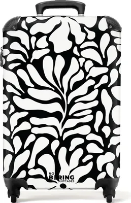 Produktbild von NoBoringSuitcases.com Hartschalen Handgepäck Koffer 55x35x20 cm, 36L, Abstrakte Drucke für Frauen: Schwarz mit weißen Blumen, Reisekoffer mit 4 Rollen