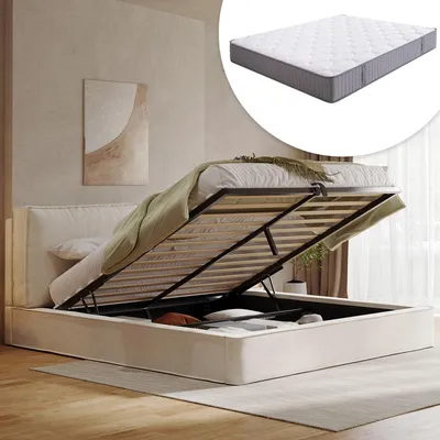 Immagine prodotto di Letto matrimoniale okwish 180×200 con materasso e contenitore, letto imbottito con testiera imbottita, struttura del letto in beige